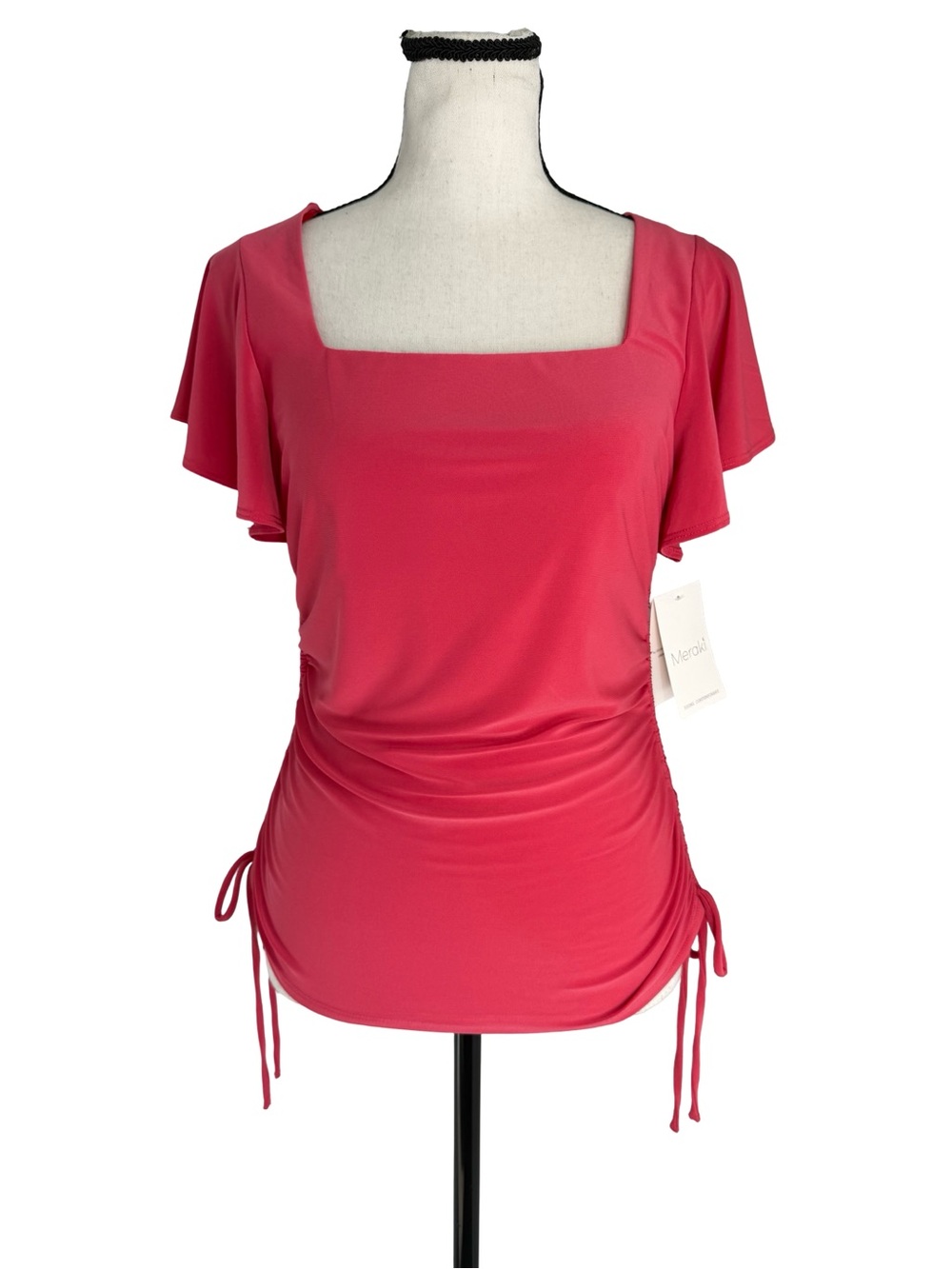 meraki Pink Square Neck Ruched Side Tie Blouse